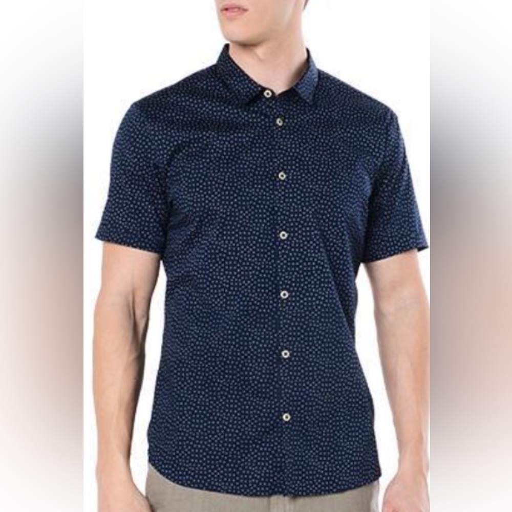 John Varvatos Navy Luxe Slim Fit Print Shirt Large